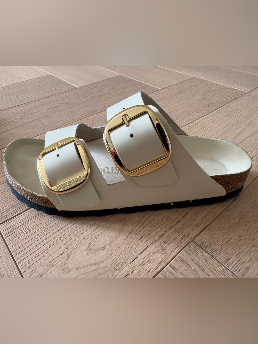 6-6.5 Birkenstock Arizona Big Buckle Shiny Leather White Gold Slides Sandals 37